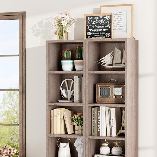 FOTOSOK 8-Tier Media Tower Rack, Tall Narrow Bookcase, Black/Brown W19438