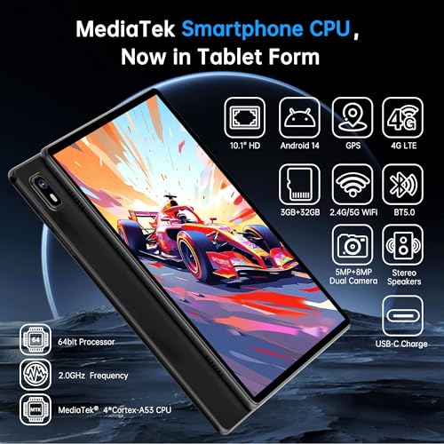 10 inch 4G LTE Tablet Android 14 with Sim Card Slot Unlocked 10GB+32GB T7283