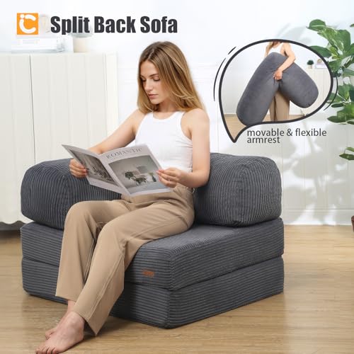 COMAX Folding Sofa Bed Convertible Chair Bed Corduroy 3-in-1 Floor Couch, Dark Grey E940