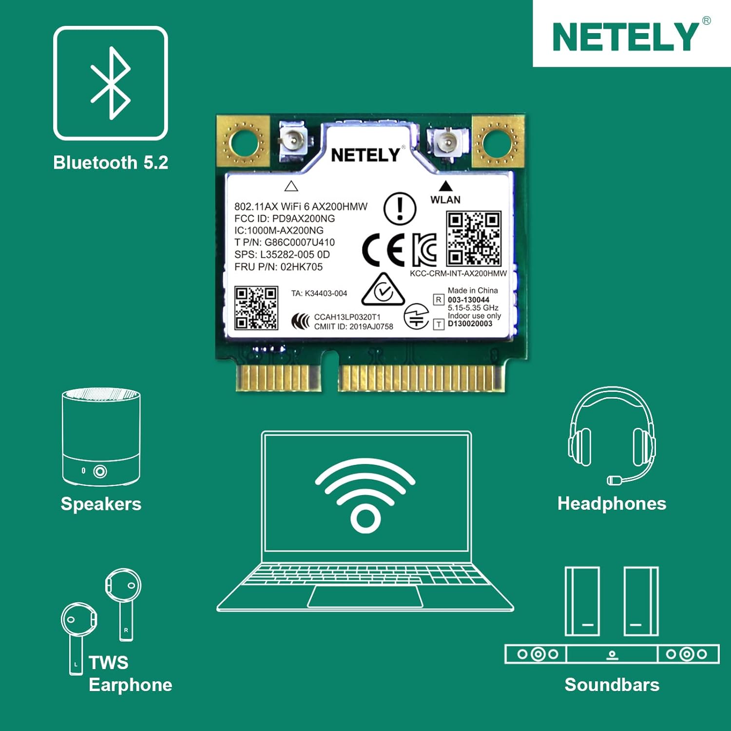 NETELY WiFi 6 AX200HMW Mini-PCIE WiFi Bluetooth Adapter 3000Mbps, Pack of 2 Z397
