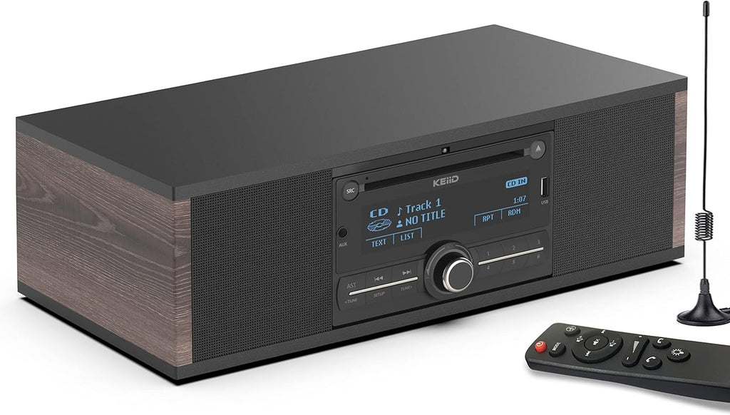KEiiD Retro CD Players for Home with Speakers Wooden Stereo System Booombox with Bluetooth Receiver FM/AM Radio Tuner USB AUX, Bass/Treble Adjustable