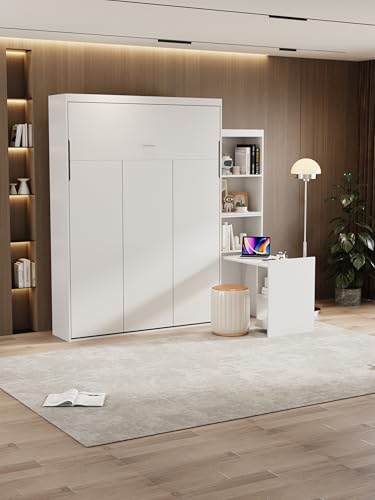 White Full Size Murphy Bed Cabinet with Shelf and Drawers Y948