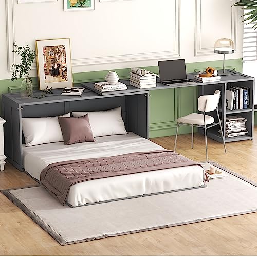Merax Queen Murphy Bed with Rotable Desk, Storage Shelves, Grey W17874
