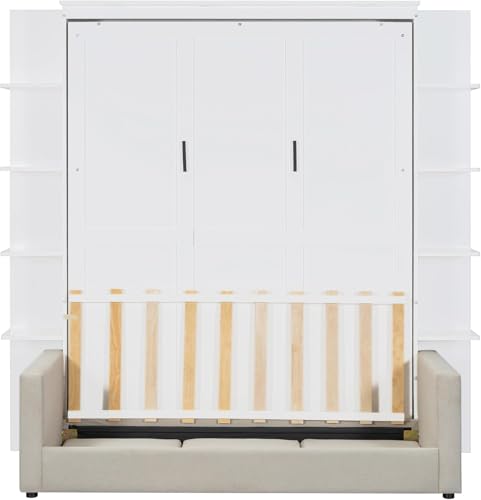 MERITLINE Queen Murphy Bed with Couch and Storage Shelves, White M951