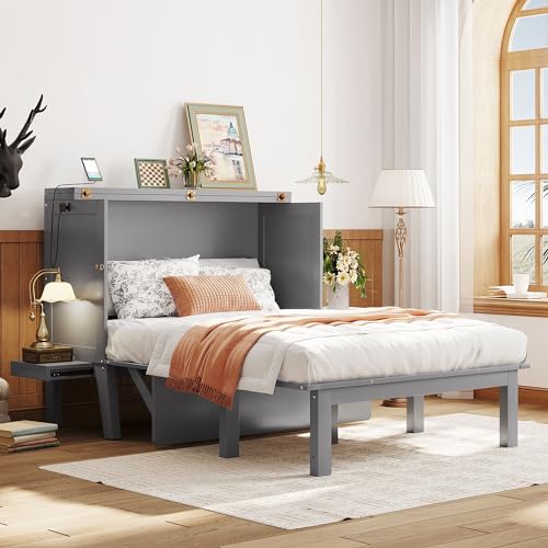 Full Size Murphy Bed with Drawers, Cabinets and USB Ports, Gray D589081