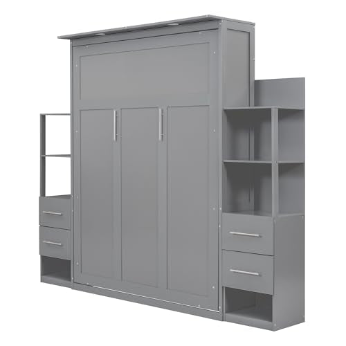 Harper & Bright Designs Gray Queen Murphy Bed with Storage Shelves and LED Light P300147