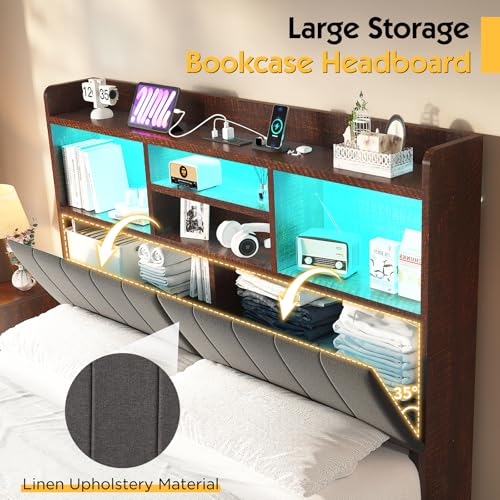 Farmhouse Bed Frame with Bookcase Headboard, LED Storage, Black G550865