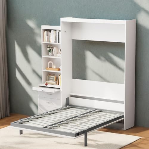 White Full Size Murphy Bed Cabinet with Shelf and Drawers Y948