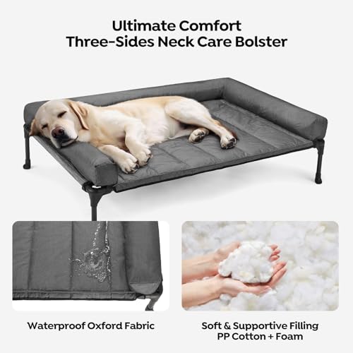 Veehoo Elevated Dog Bed with Removable Waterproof Bolster Cushion, Breathable Mesh, Indoor Outdoor, 42x30 inches, Beige U875430