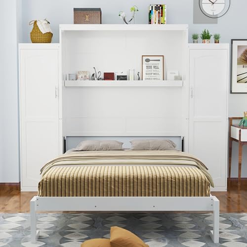 Harper & Bright Designs Full Murphy Bed with Two Closets and Storage Shelf, Walnut P2065