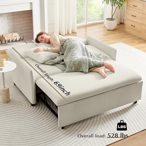 55" 3-in-1 Convertible Sleeper Sofa Bed with Adjustable Backrest, Chenille, Beige R49011