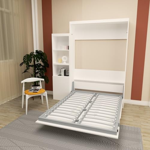 Queen Size Murphy Bed Wall Cabinet with 2 Wardrobes and Storage Shelf, White E955210