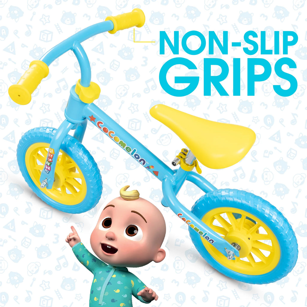 Cocomelon Toddlers Balance Bike with Adjustable Helmet, Light-up Wheels, Blue W771