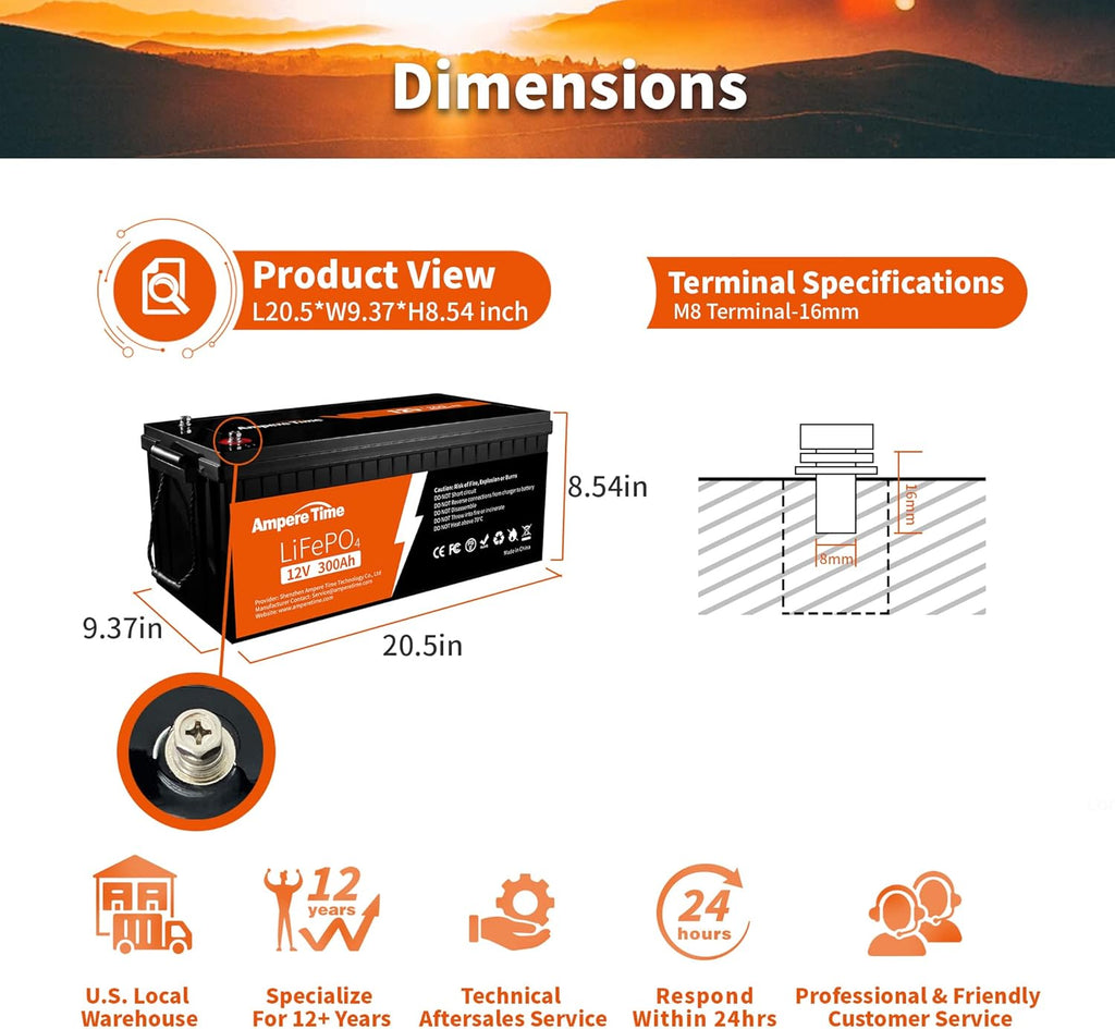 Ampere Time 12V 200Ah Plus LiFePO4 Battery with 200A BMS N84511