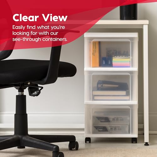 IRIS USA Plastic 3-Drawer Rolling Storage Cart with Wheels, White/Clear Y619