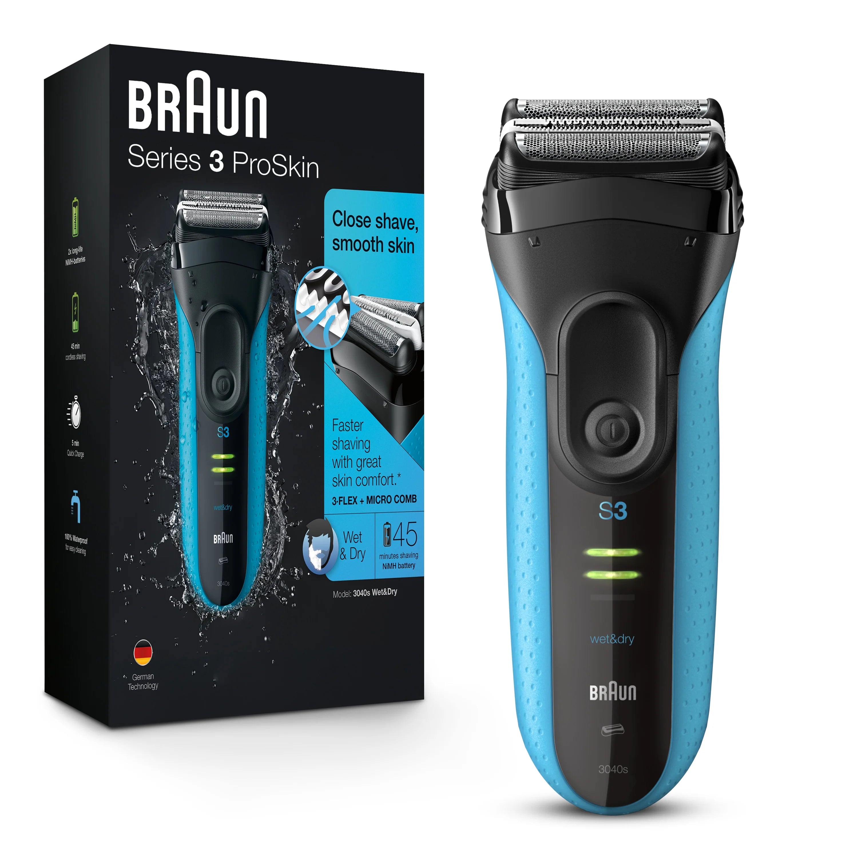 Braun Series 3 ProSkin 3040s Rechargeable Wet Dry Men's Electric Shaver with Precision Trimmer