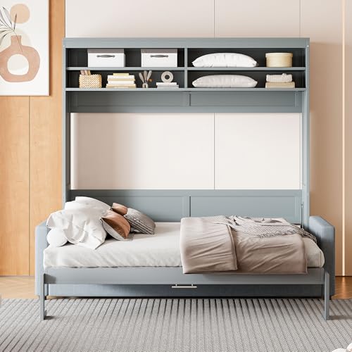 MERITLINE Queen Murphy Bed with Couch and Storage Shelves, White M951