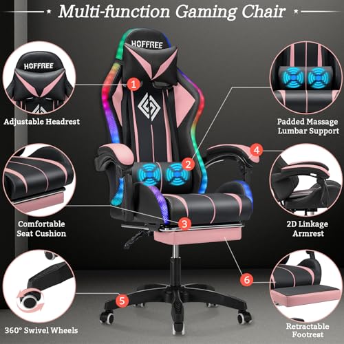 HOFFREE RGB Gaming Chair with Speakers and Footrest, Blue and Black B69323