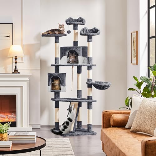 Yaheetech Multi-Level Cat Tree with Scratching Posts, Plush Perches and Condo, Dark Gray and White V70137