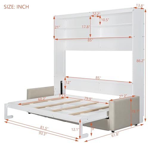 MERITLINE Queen Murphy Bed with Couch and Storage Shelves, White M951