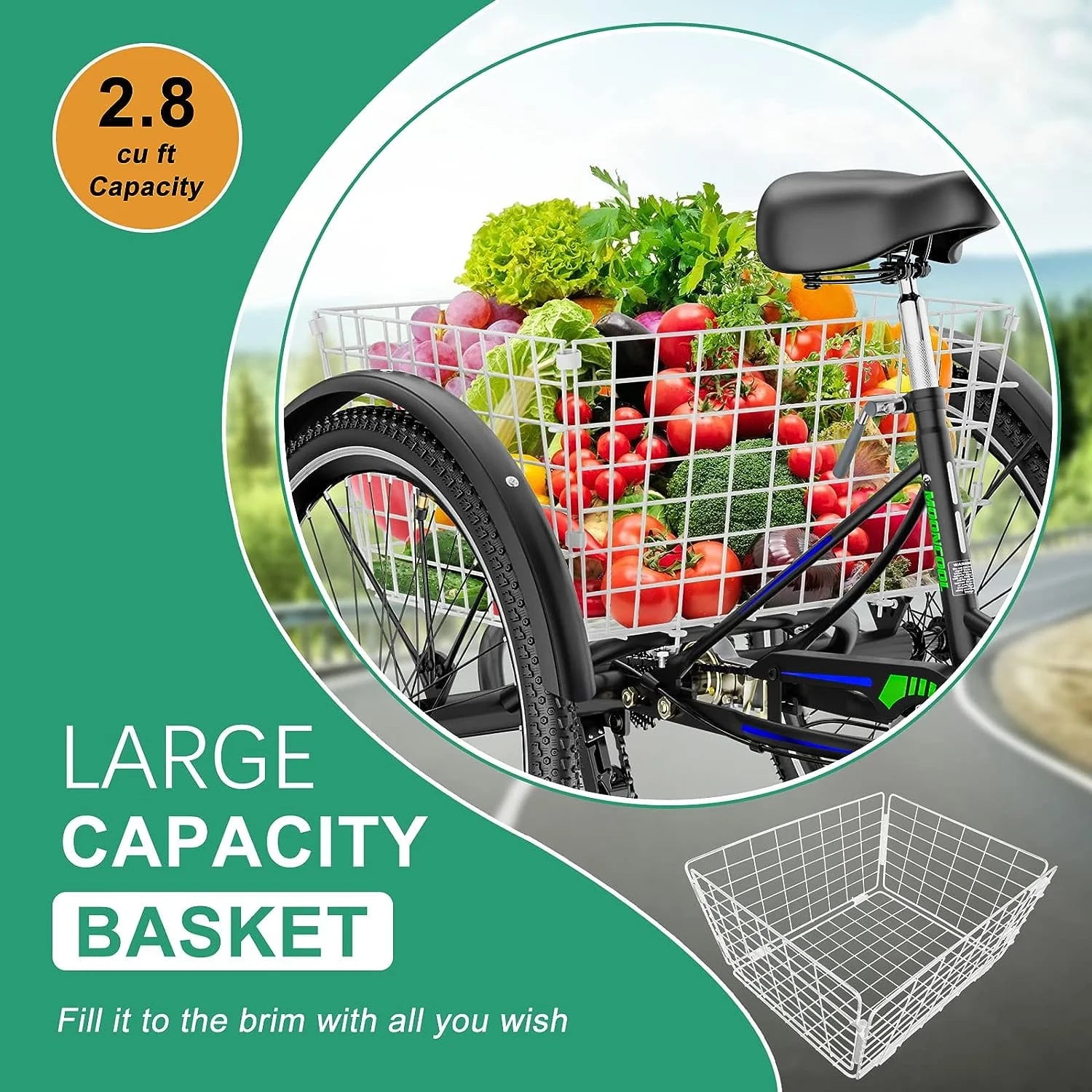 FICISOG 26 Adult Tricycle, 3 Wheel 7 Speed, 450lbs Capacity with Basket X547