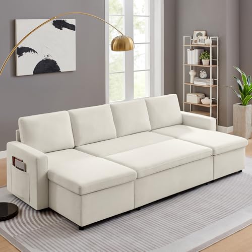 55" 3-in-1 Convertible Sleeper Sofa Bed with Adjustable Backrest, Chenille, Beige R49011