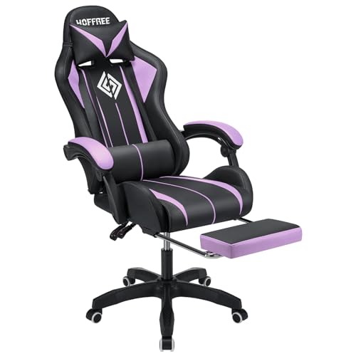 HOFFREE RGB Gaming Chair with Speakers and Footrest, Blue and Black B69323