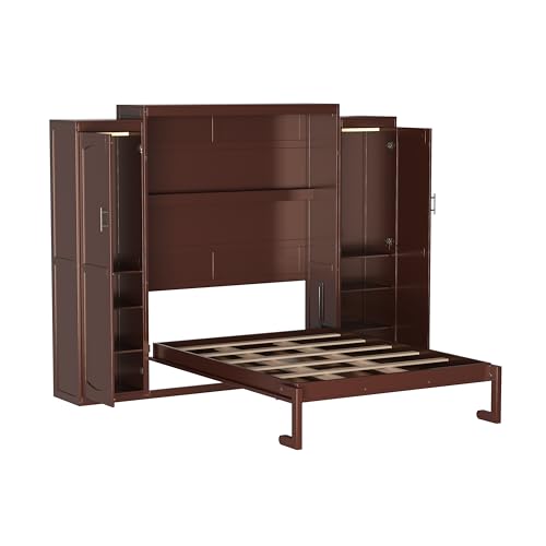 Queen Size Murphy Bed Wall Cabinet with 2 Wardrobes and Storage Shelf, White E955210