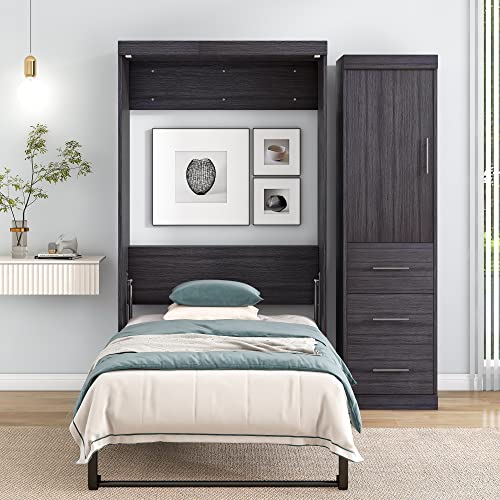 Full Size Murphy Bed with Drawers, Cabinets and USB Ports, Gray D589081