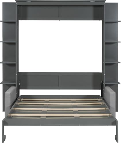 MERITLINE Queen Murphy Bed with Couch and Storage Shelves, White M951