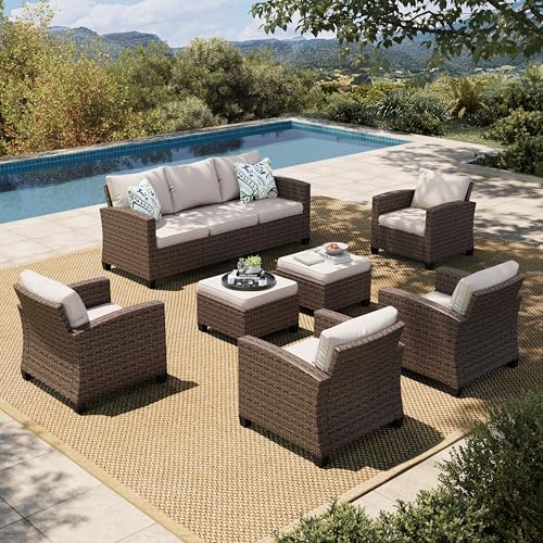 HERA'S HOUSE Patio Furniture Set with 56" Fire Pit Table, 6 Pieces 7 Seats Wicker Sectional Z546196