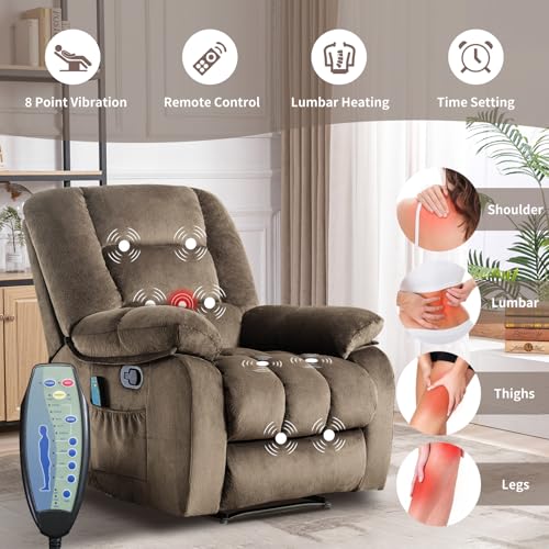 Massage Recliner Chair with Heat, Ergonomic Fabric, Side Pockets (Taupe) S254