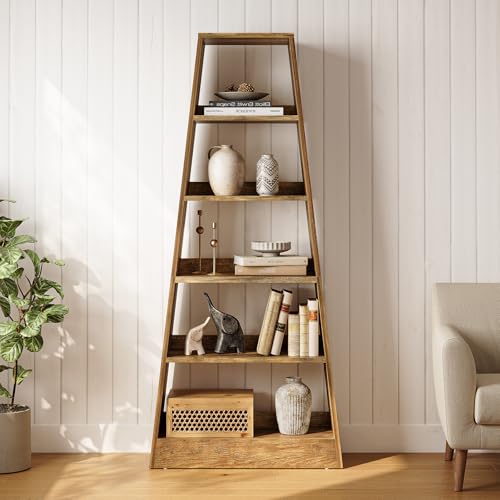LITTLE TREE 6-Tier Tall Ladder Bookcase, Wooden Display Shelf, Warm Umber Finish X966377