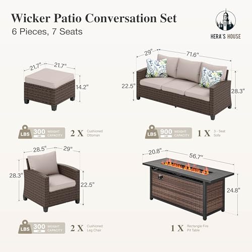 HERA'S HOUSE Patio Furniture Set with 56" Fire Pit Table, 6 Pieces 7 Seats Wicker Sectional Z546196