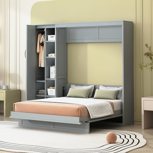 Harper & Bright Designs Queen Murphy Bed with Storage Shelves and LED Lights, Gray D9429