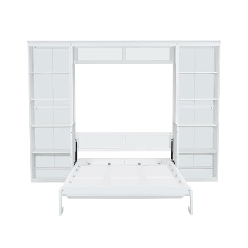 Queen Size Murphy Bed Wall Cabinet with 2 Wardrobes and Storage Shelf, White E955210