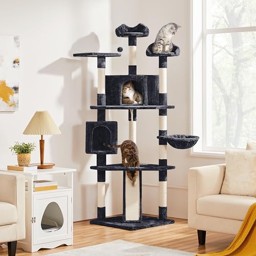 Yaheetech Multi-Level Cat Tree with Scratching Posts, Plush Perches and Condo, Dark Gray and White V70137