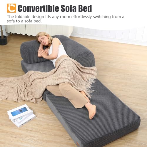COMAX Folding Sofa Bed Convertible Chair Bed Corduroy 3-in-1 Floor Couch, Dark Grey E940