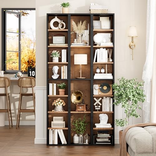 FOTOSOK 8-Tier Media Tower Rack, Tall Narrow Bookcase, Black/Brown W19438