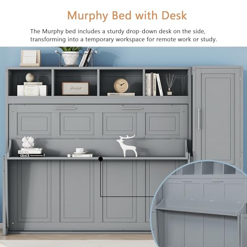Linique Murphy Cabinet Wall Bed with Closet, Drawers and Top Shelf, Gray K190832