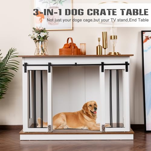 Sunseen Dog Crate Furniture Large Breed Wooden Kennel with Room Divider & 3 Drawer, Double Doors, Black F4828