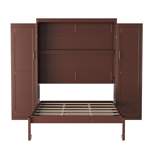 Queen Size Murphy Bed Wall Cabinet with 2 Wardrobes and Storage Shelf, White E955210