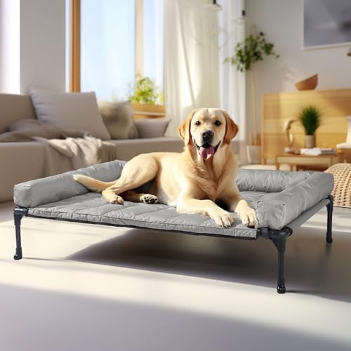 Veehoo Elevated Dog Bed with Removable Waterproof Bolster Cushion, Breathable Mesh, Indoor Outdoor, 42x30 inches, Beige U875430