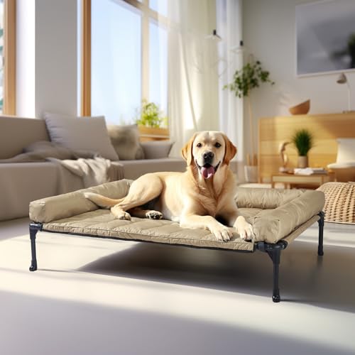Veehoo Elevated Dog Bed with Removable Waterproof Bolster Cushion, Breathable Mesh, Indoor Outdoor, 42x30 inches, Beige U875430