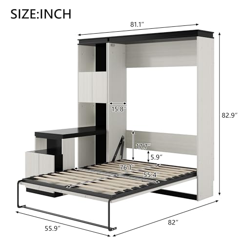 Queen Size Murphy Bed Wall Cabinet with 2 Wardrobes and Storage Shelf, White E955210