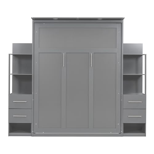 Harper & Bright Designs Gray Queen Murphy Bed with Storage Shelves and LED Light P300147
