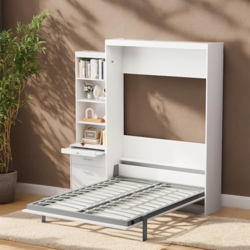 White Full Size Murphy Bed Cabinet with Shelf and Drawers Y948