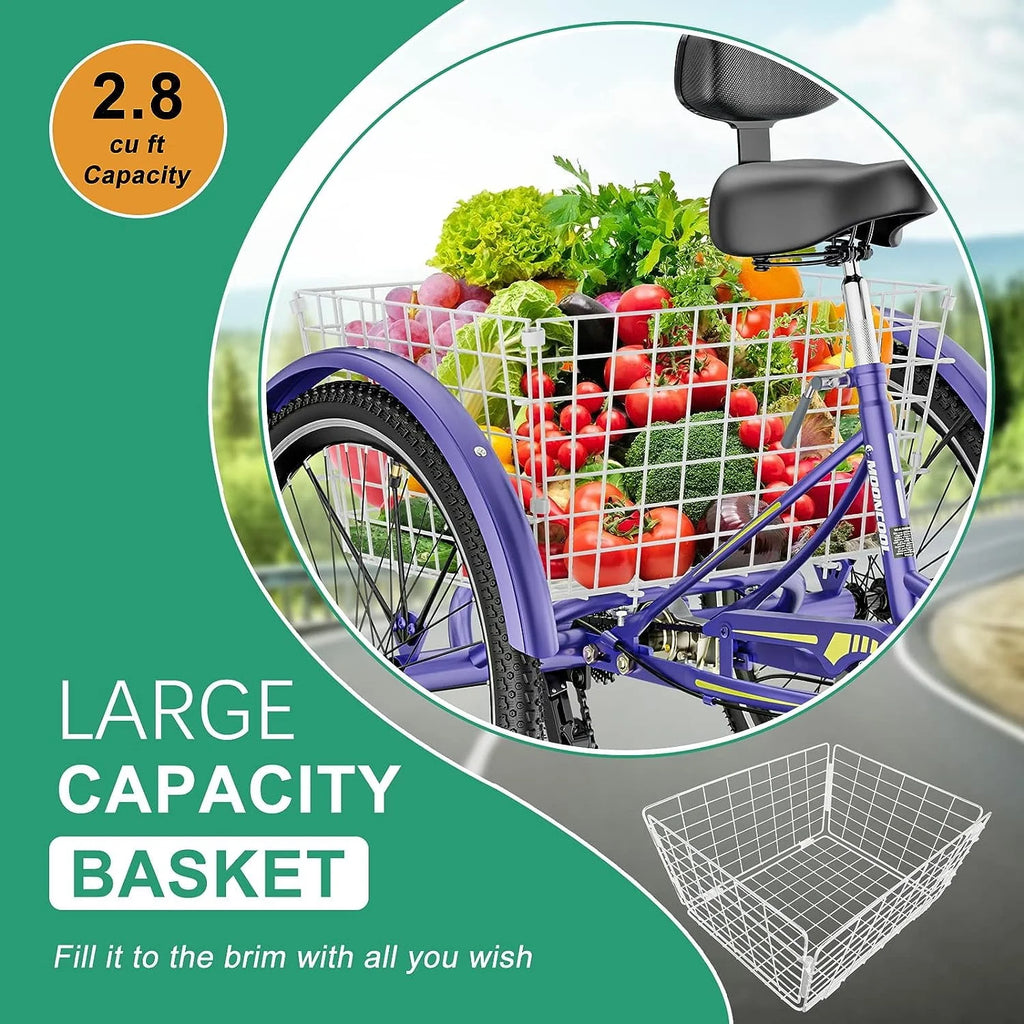 FICISOG 26 Adult Tricycle, 3 Wheel 7 Speed, 450lbs Capacity with Basket X547