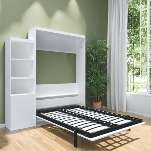 White Full Size Murphy Bed Cabinet with Shelf and Drawers Y948