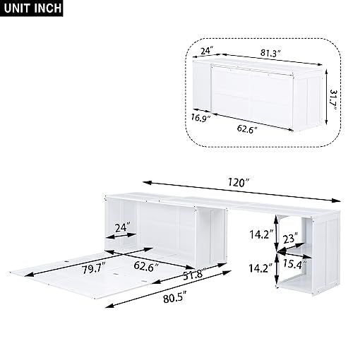 Merax Queen Murphy Bed with Rotable Desk, Storage Shelves, Grey W17874